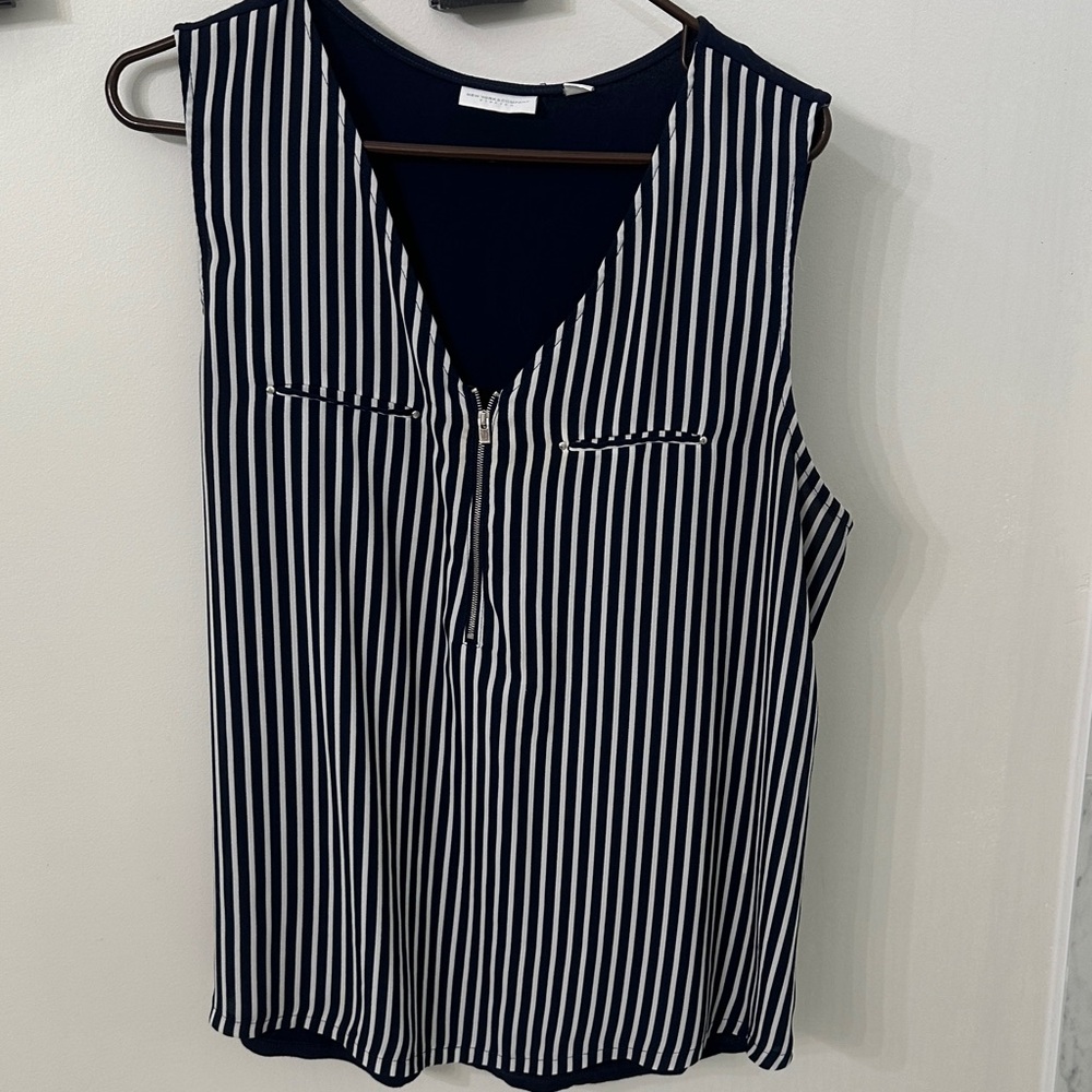 New York & Company Navy and White Striped V-Neck Blouse